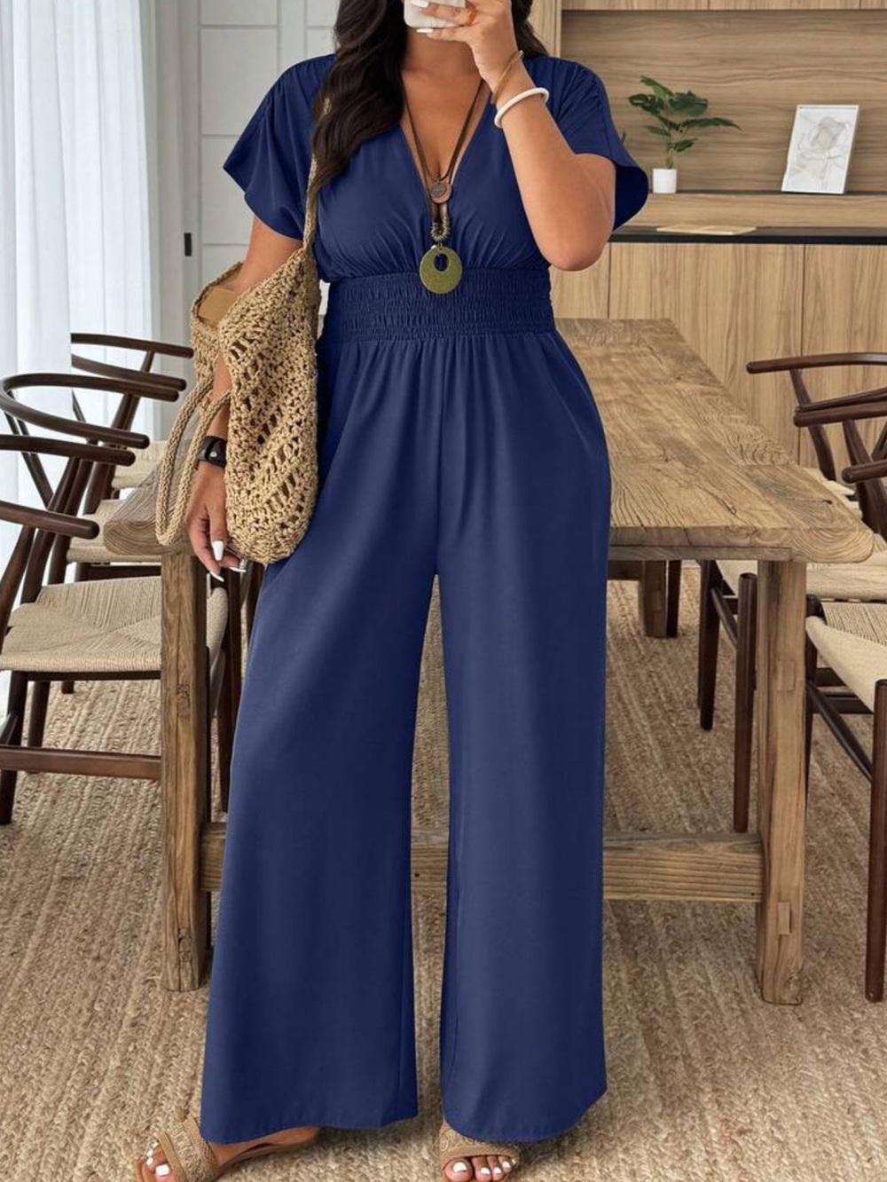 Women’s Navy Wide-Leg Jumpsuit with Smocked Waist